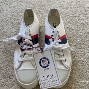 US Olympic Team Polo Ralph Lauren White Sneakers with Red and Blue Stripes